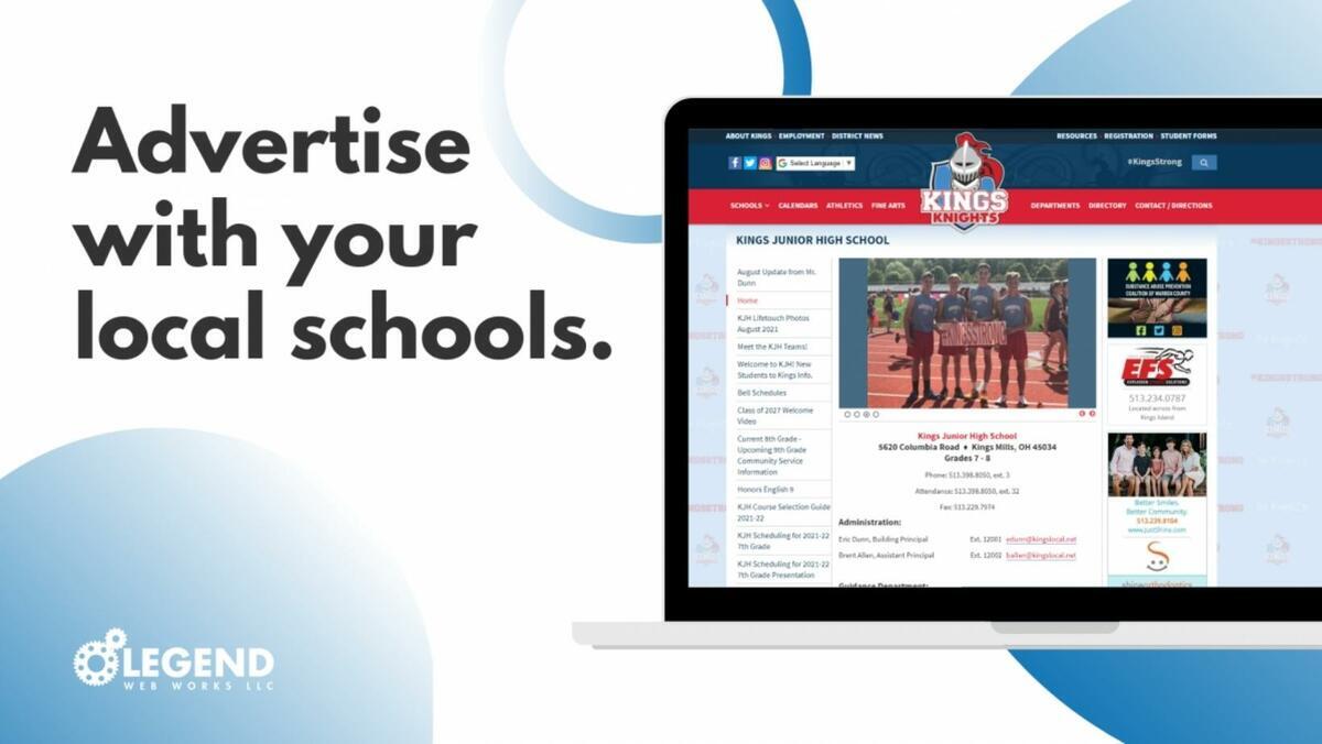 Text reads 'Advertise with your local schools' next to a laptop screen with a school website. The background is of three blue circles, gradient blue. 